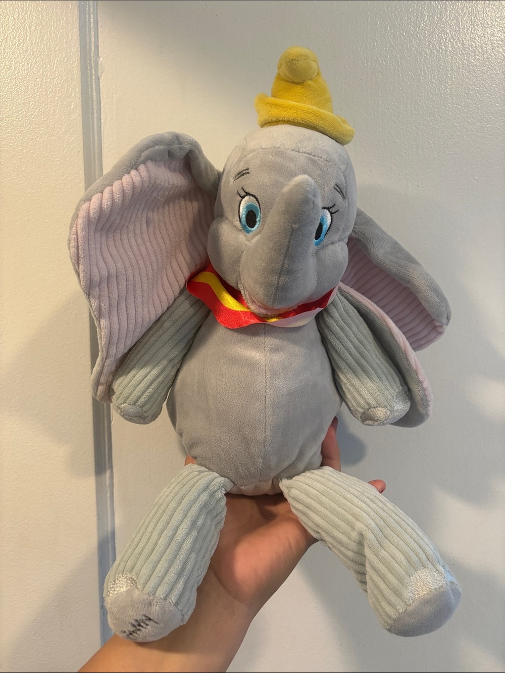 Disney Gray and Pink Dumbo Plush with Yellow Hat and Red Scarf
